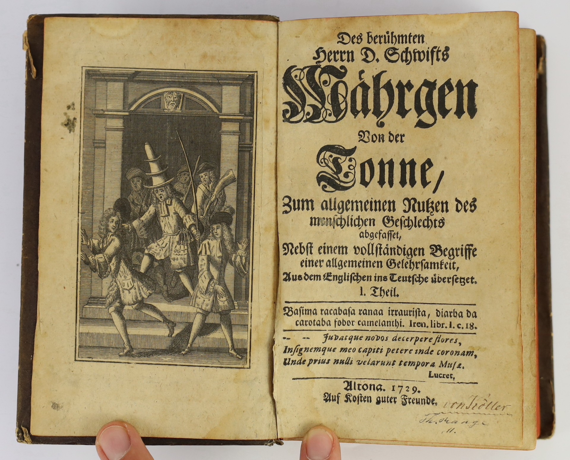 Swift, Jonathan - Mahrgen von der Tonne: Zum allgemeinen Ruken des menschlichen Geschlechts abdefasset…2 vols in one, 8vo, later stiff paper boards, with 8 engraved plates, including 2 frontises, Altona, 1729